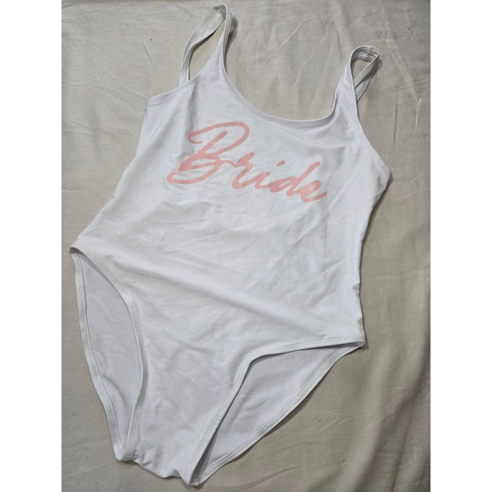 Bride One Piece Swimsuit White Pink Graphic Honeymoon Party XL Scoop Back